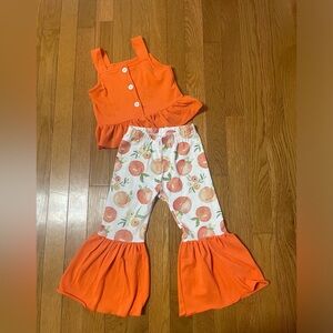 Orange Ruffle Top and peach Print‎ Pants with flare Set 3T